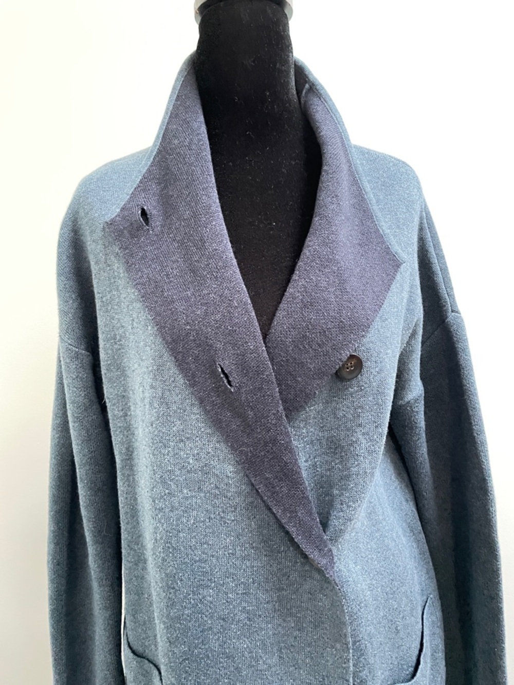 Poetry Minimalist Slate Blue Long Cardigan Coat in Organic Cotton (Fits M)